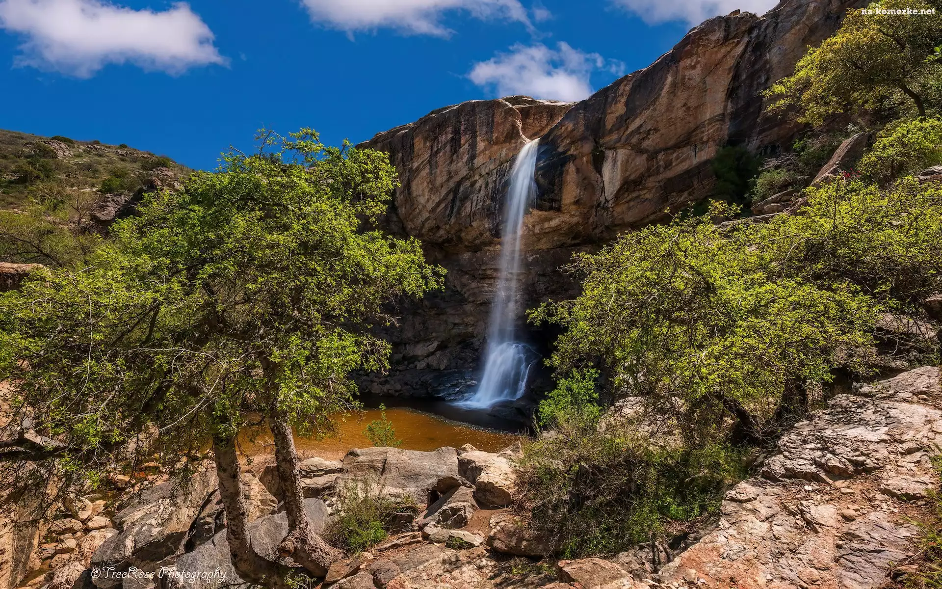 Chiva Falls, Stany Zjednoczone, Wodospad, Drzewa, Skały, Arizona