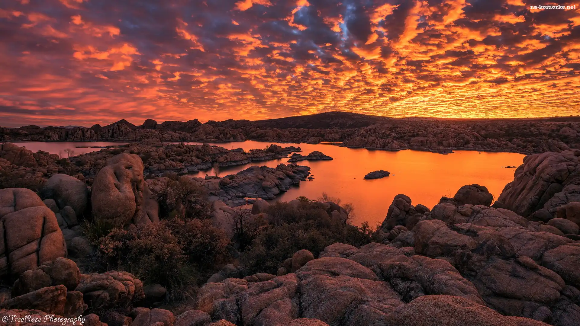 Wschód słońca, Arizona, Jezioro, Stany Zjednoczone, Chmury, Watson Lake, Skały, Prescott