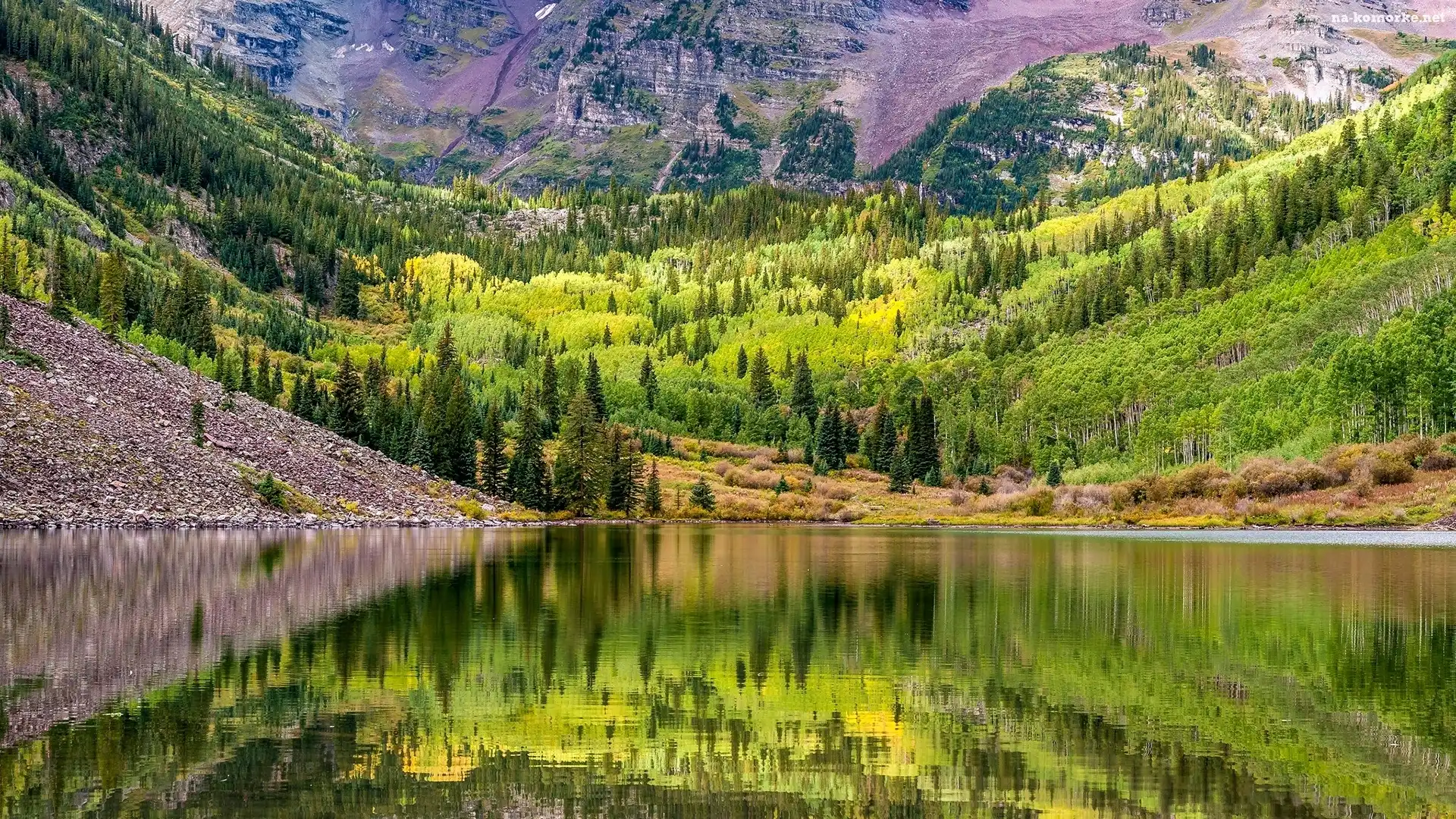 Jezioro Maroon Lake, Kolorado, Stany Zjednoczone, Zbocza, Góry, Drzewa, Aspen