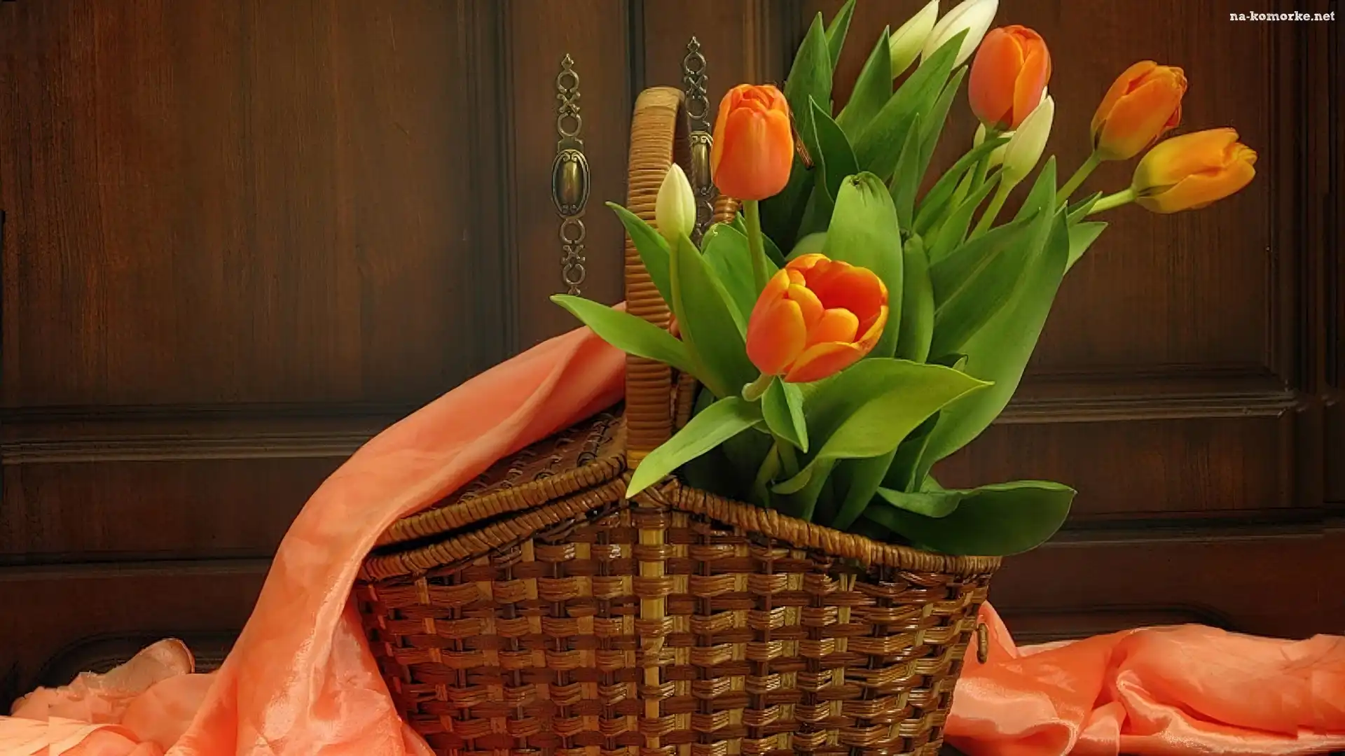 Atłas, Wiklinowy, Kosz, Pomarańczowe, Tulipany