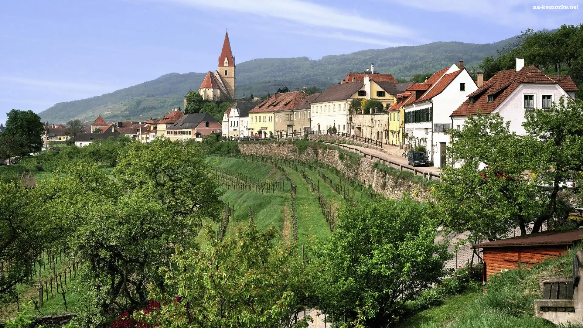 Austria, Kościół, Domy, Drzewa, Trawy