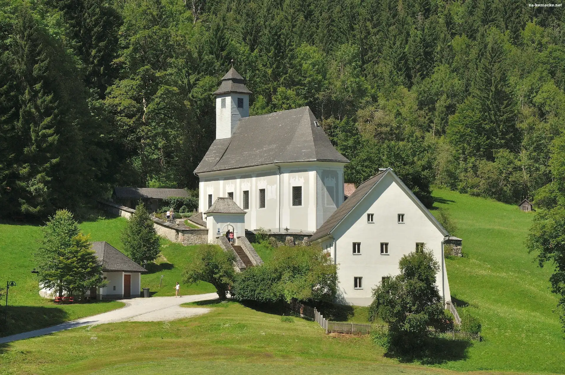 Austria, Kościółek, Trawa, Drzewa, Johnsbach