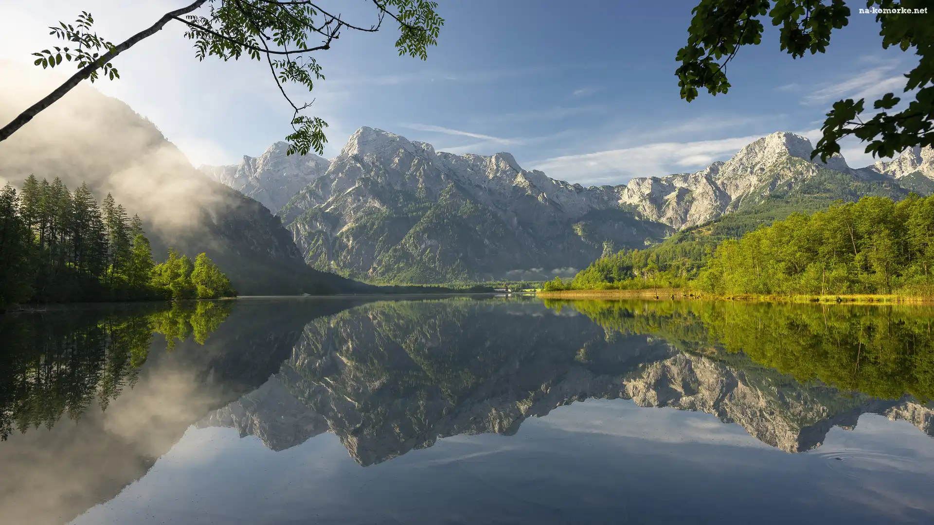 Odbicie, Góry, Drzewa, Austria, Almsee, Jezioro