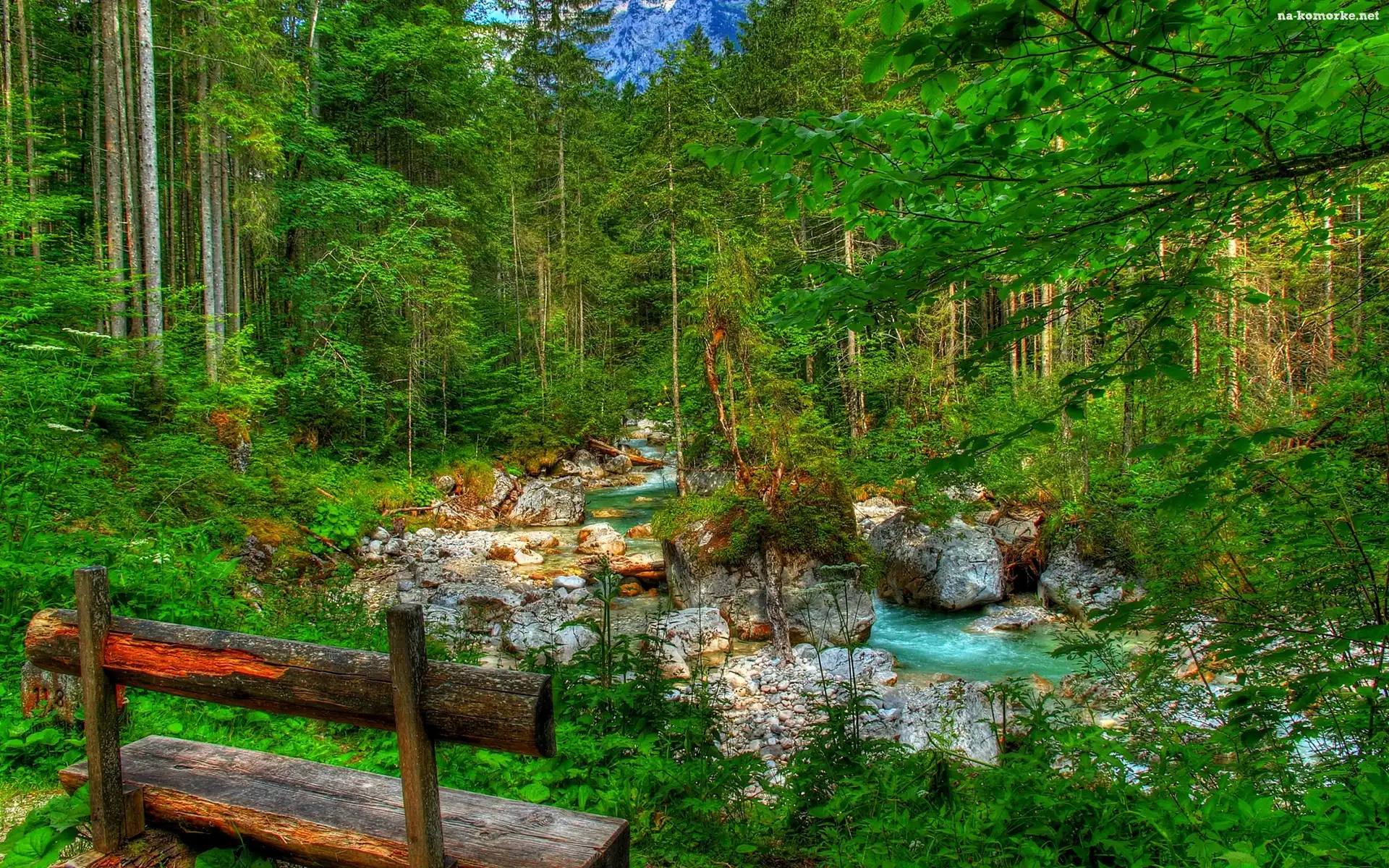 Ławka, Potok, Las, HDR, Kamienie, Góry