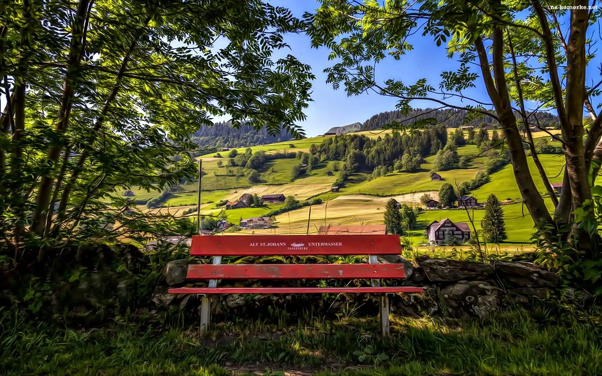 Ławka, Drzewa, Łąka, Wzgórza, Domek, Park
