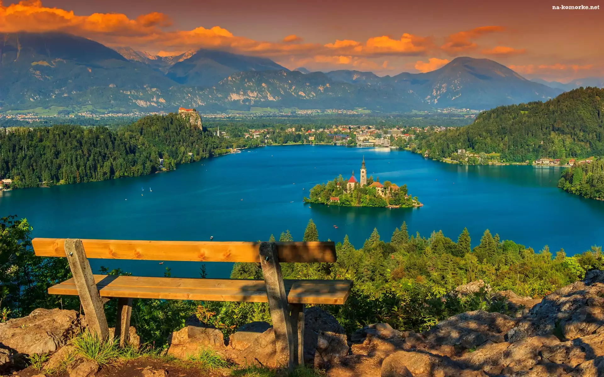 Słowenia, Góry, Ławka, Jezioro Bled, Wyspa Blejski Otok, Kościół, Zachód słońca