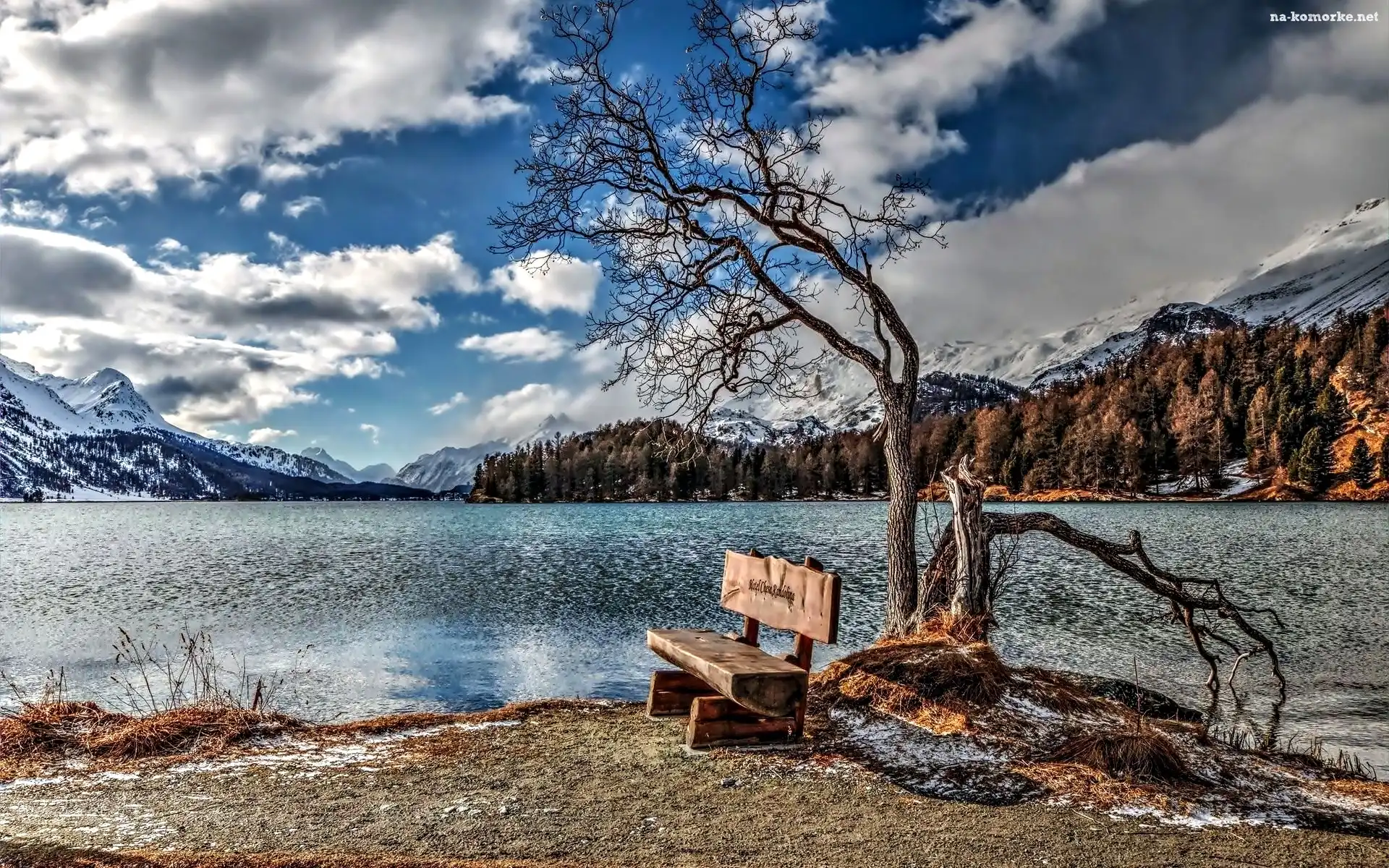 Góry, Ławka, HDR, Alpy, Szwajcaria, Jezioro, Drzewo