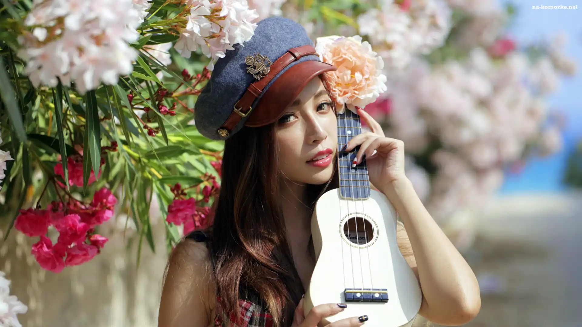 Azjatka, Ukulele, Kobieta, Czapka, Portret, Kwiaty