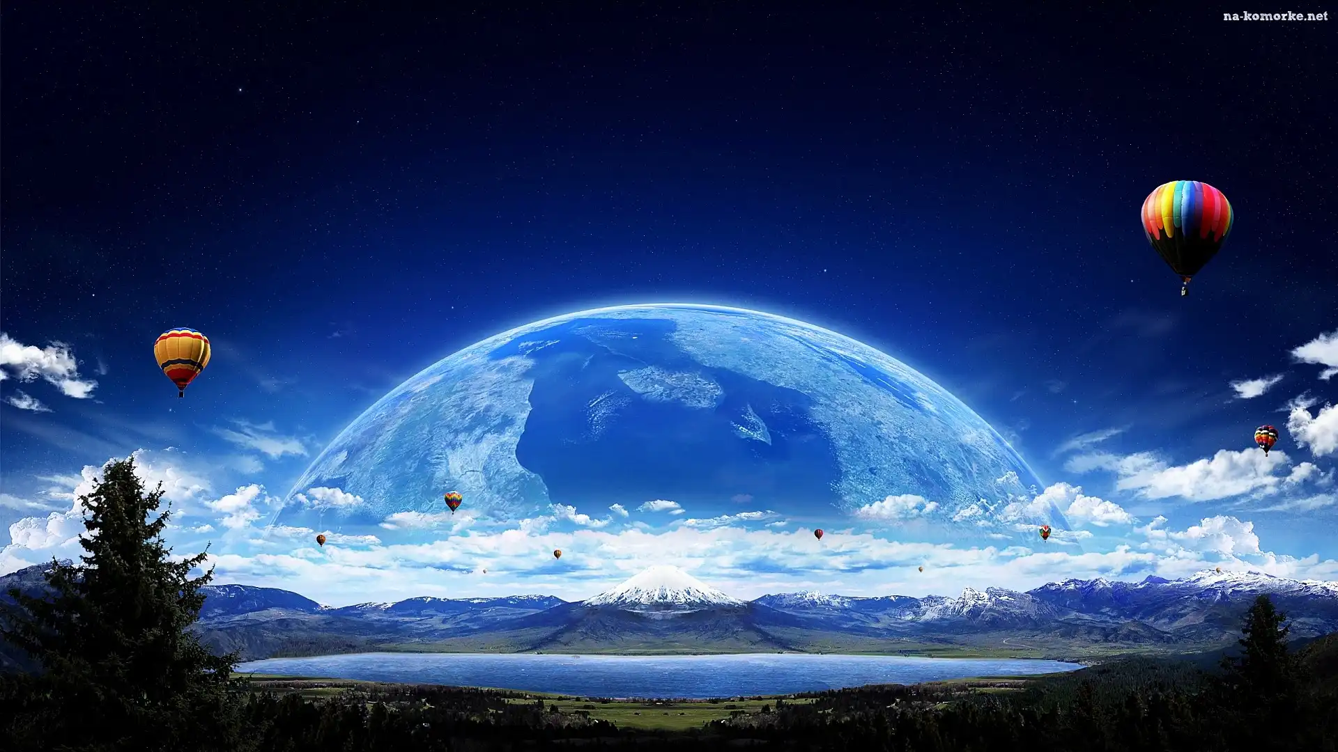Balony, Grafika, Fantasy, Jezioro, Góry