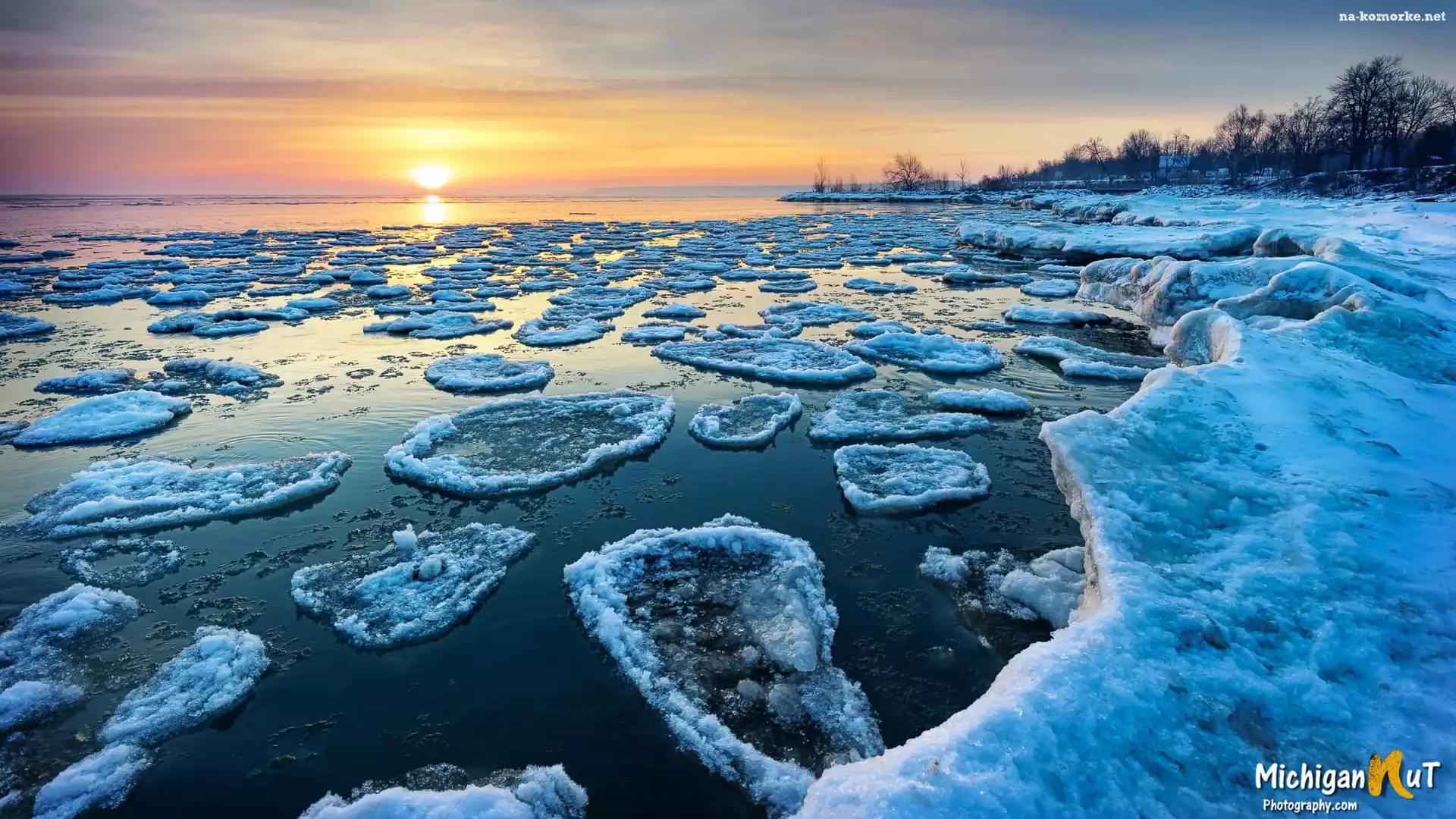 Kry, Lake Huron, Wschód słońca, Jezioro, Point Aux Barques, Michigan, Stany Zjednoczone, Zima, Lodowe