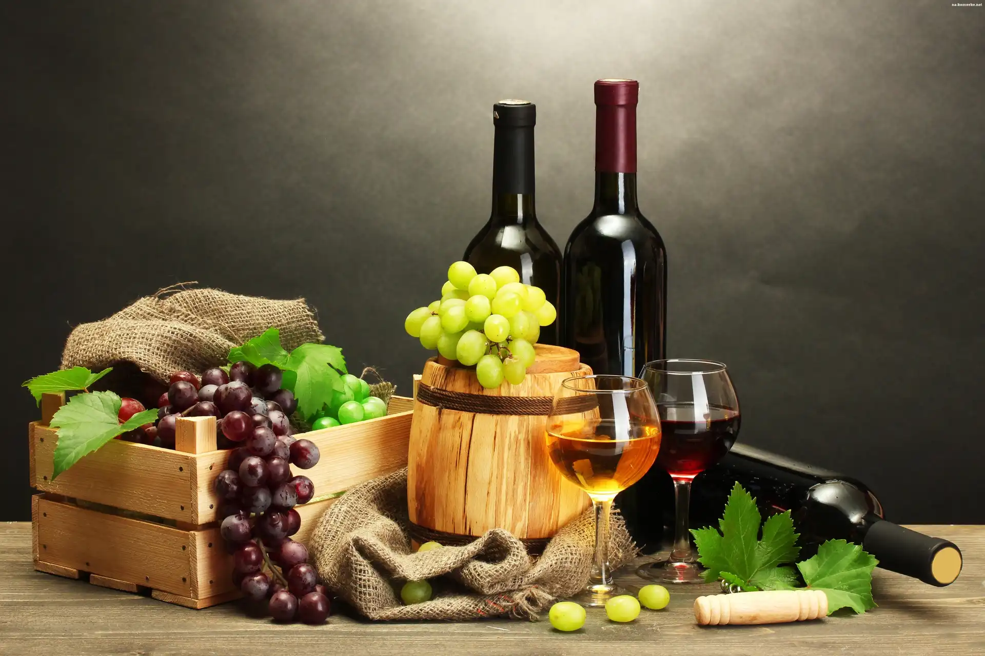 Baryłka, Winogrona, Butelki, Wino