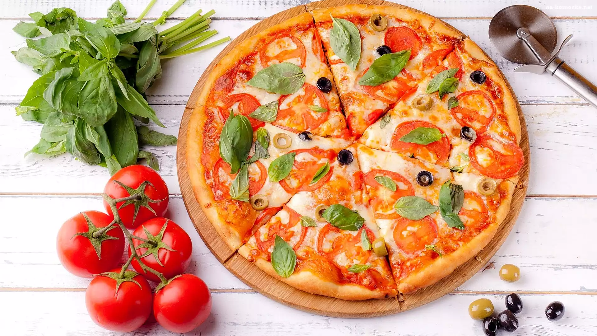 Bazylia, Pizza, Deska, Pomidory, Oliwki