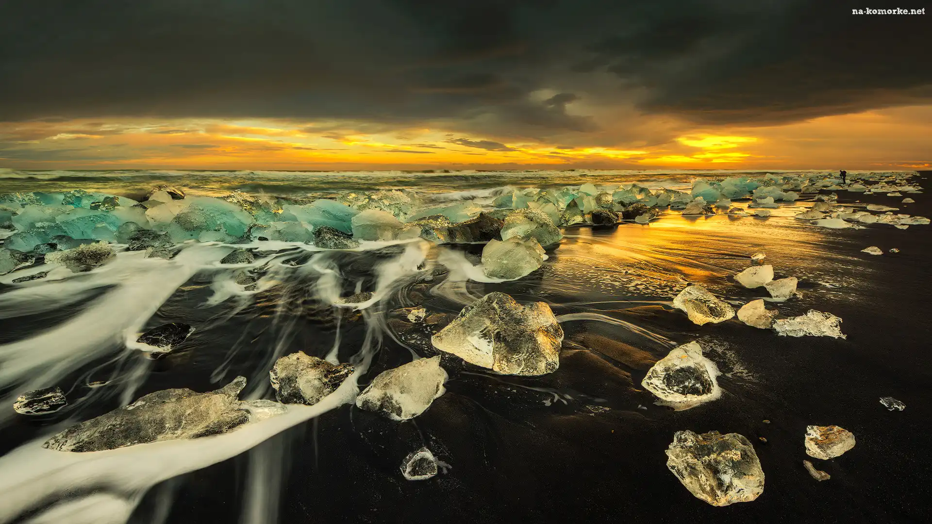 Islandia, Zachód słońca, Diamond Beach, Morze, Laguna Lodowcowa Jökulsárlón, Plaża, Bryły, Lód