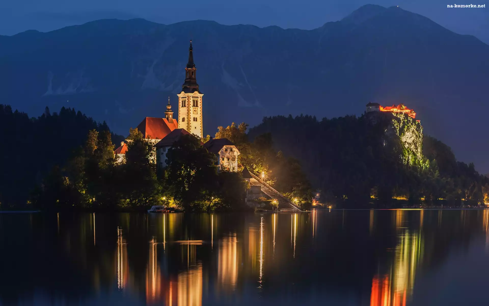 Kościół, Góry, Słowenia, Odbicie, Noc, Światła, Jezioro Bled