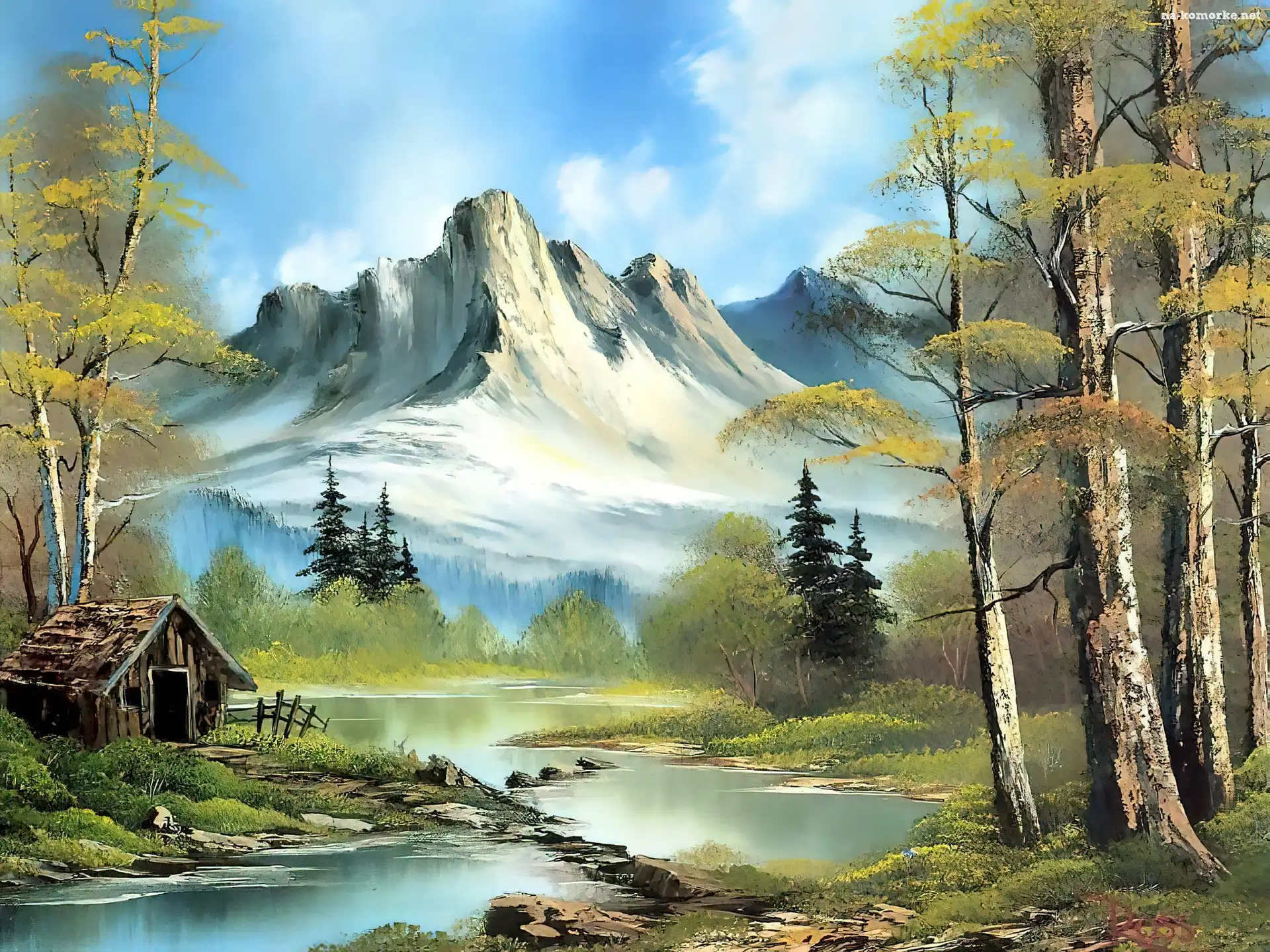 Bob Ross, Krajobraz, Rzeka, Chatka, Góry