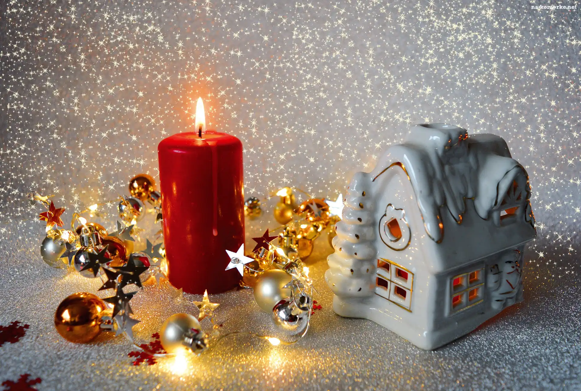 Bombki, Boże Narodzenie, Domek, Lampion, Świeca