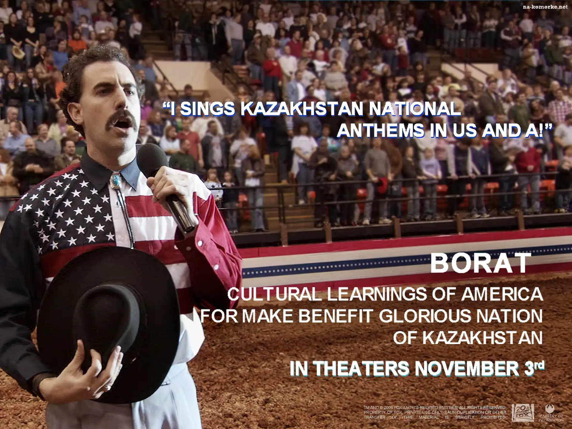 widownia, Borat, Sacha Baron Cohen, śpiewa, rodeo