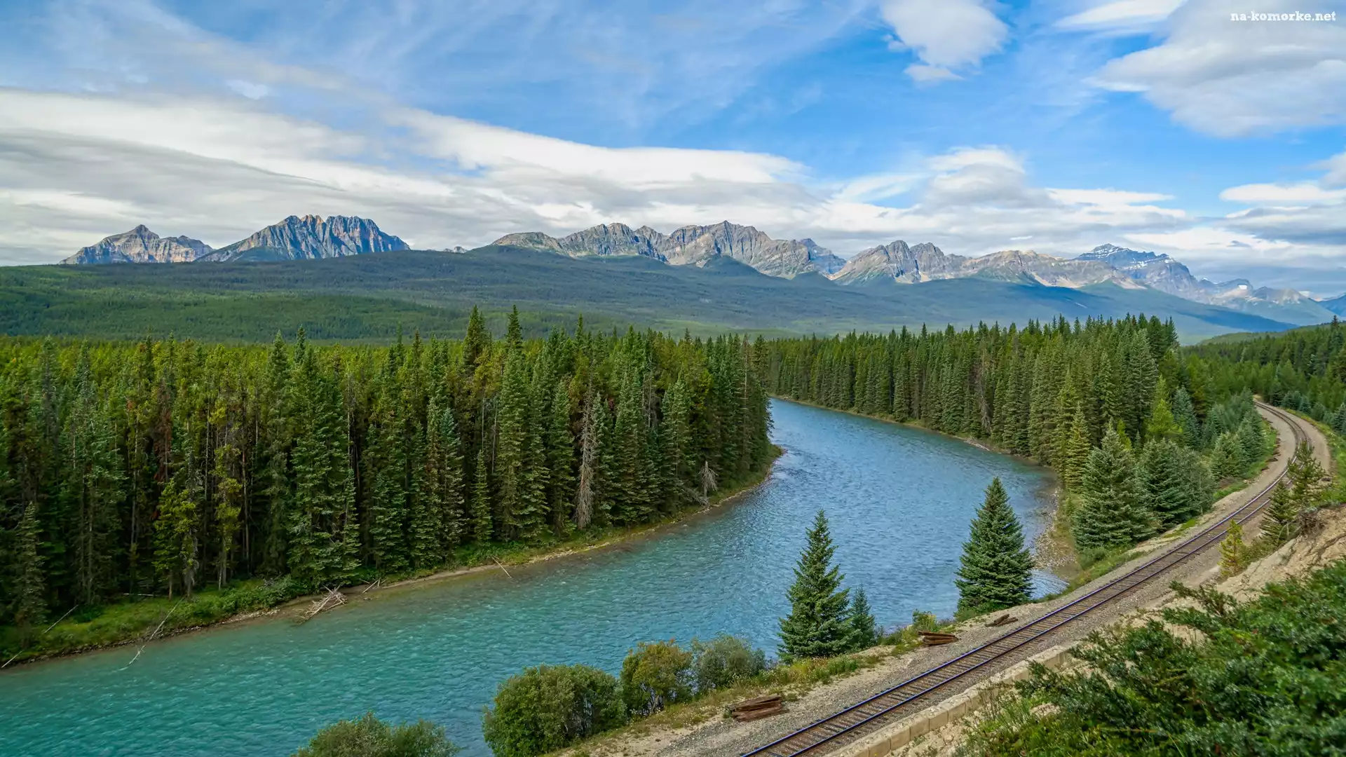 Canadian Rockies, Kanada, Rzeka Bow River, Drzewa, Chmury, Góry, Tory, Lasy, Park Narodowy Banff