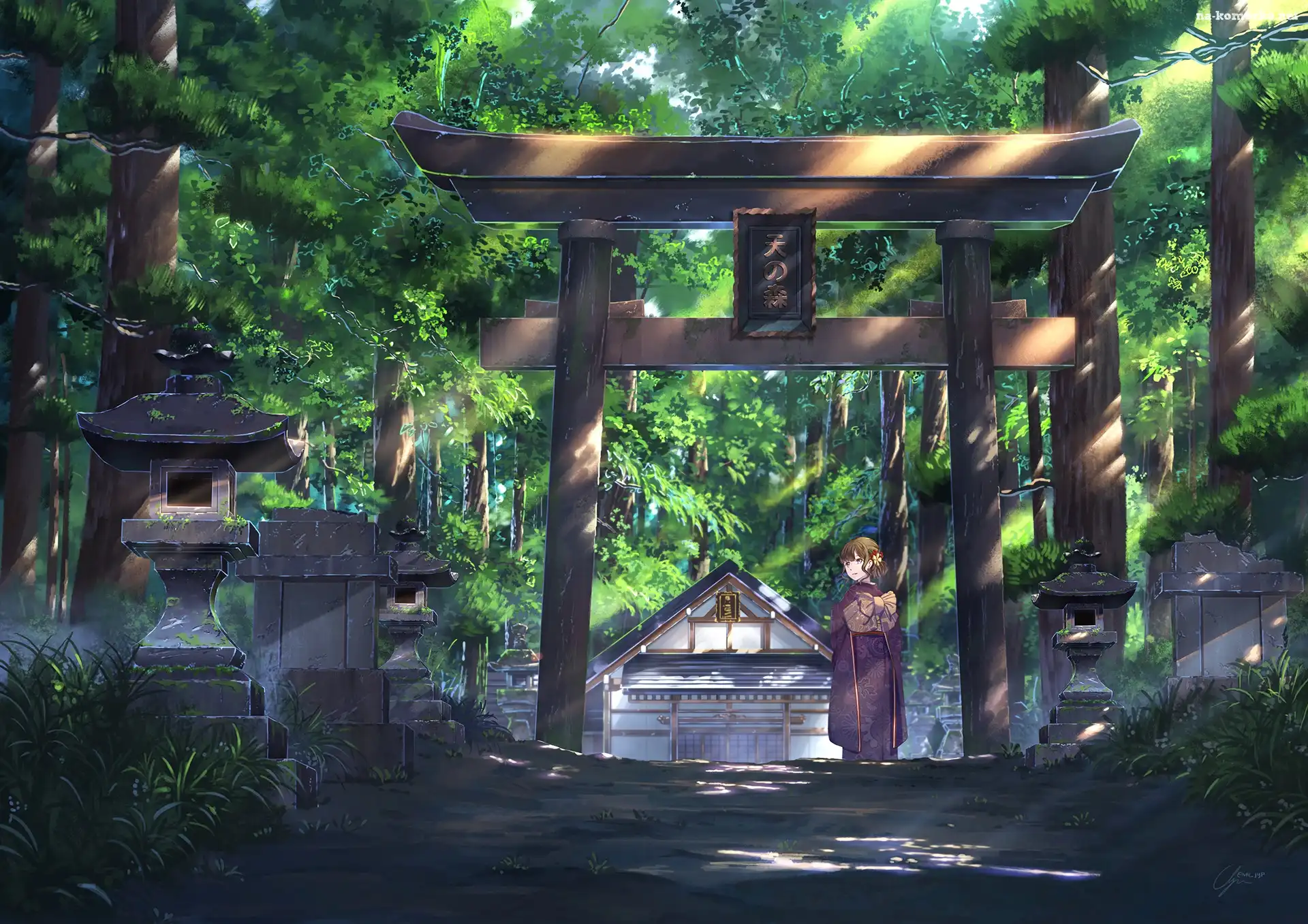 Brama, ÅšwiÄ…tynia, Anime, Las, Dziewczynka, Torii