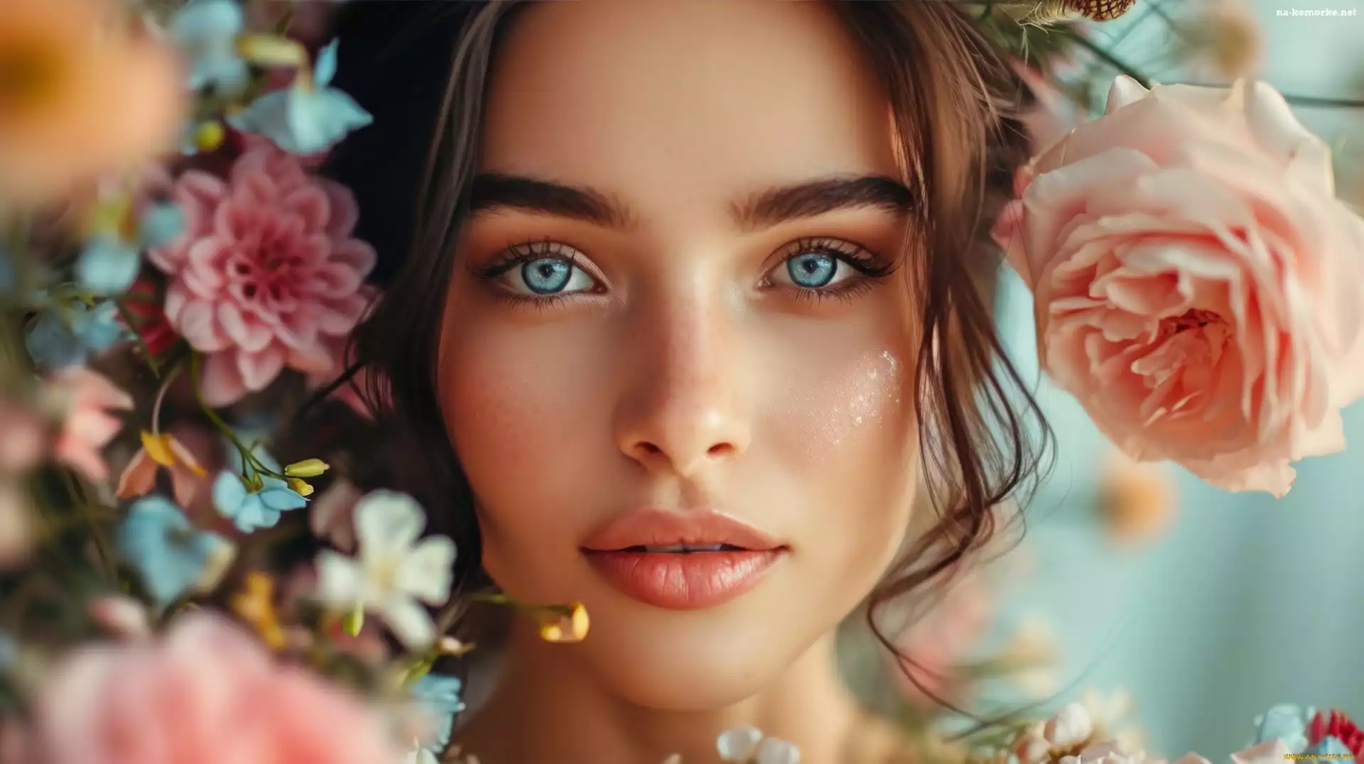 Brunetka, 3D 2D, Kwiaty, Dziewczyna, Grafika, Kobieta, Spojrzenie, Niebieskooka