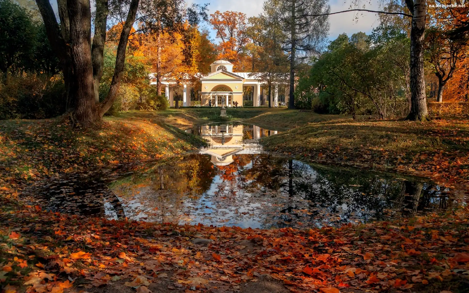 Budowla, Jesień, Park, Staw, Biała