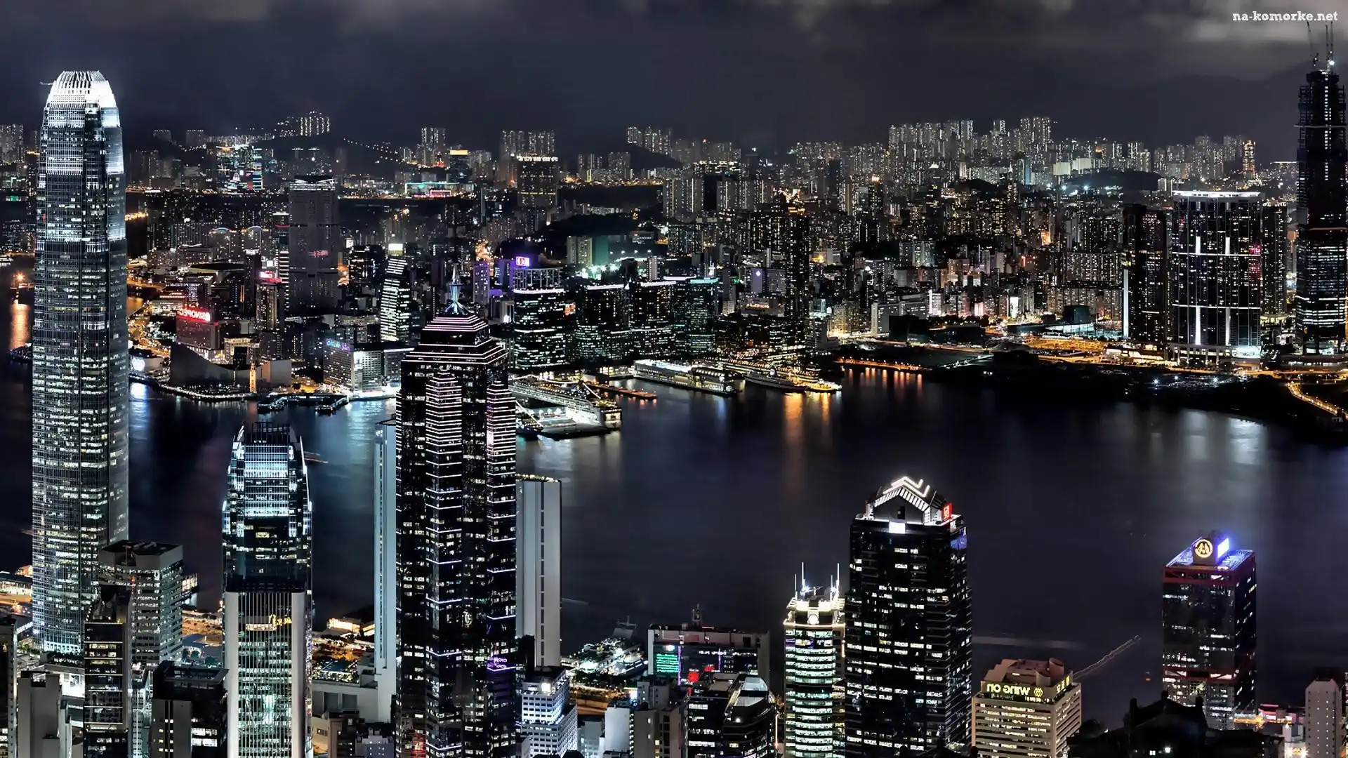 Budynki, Miasto, Hong Kong, Noc, Światła