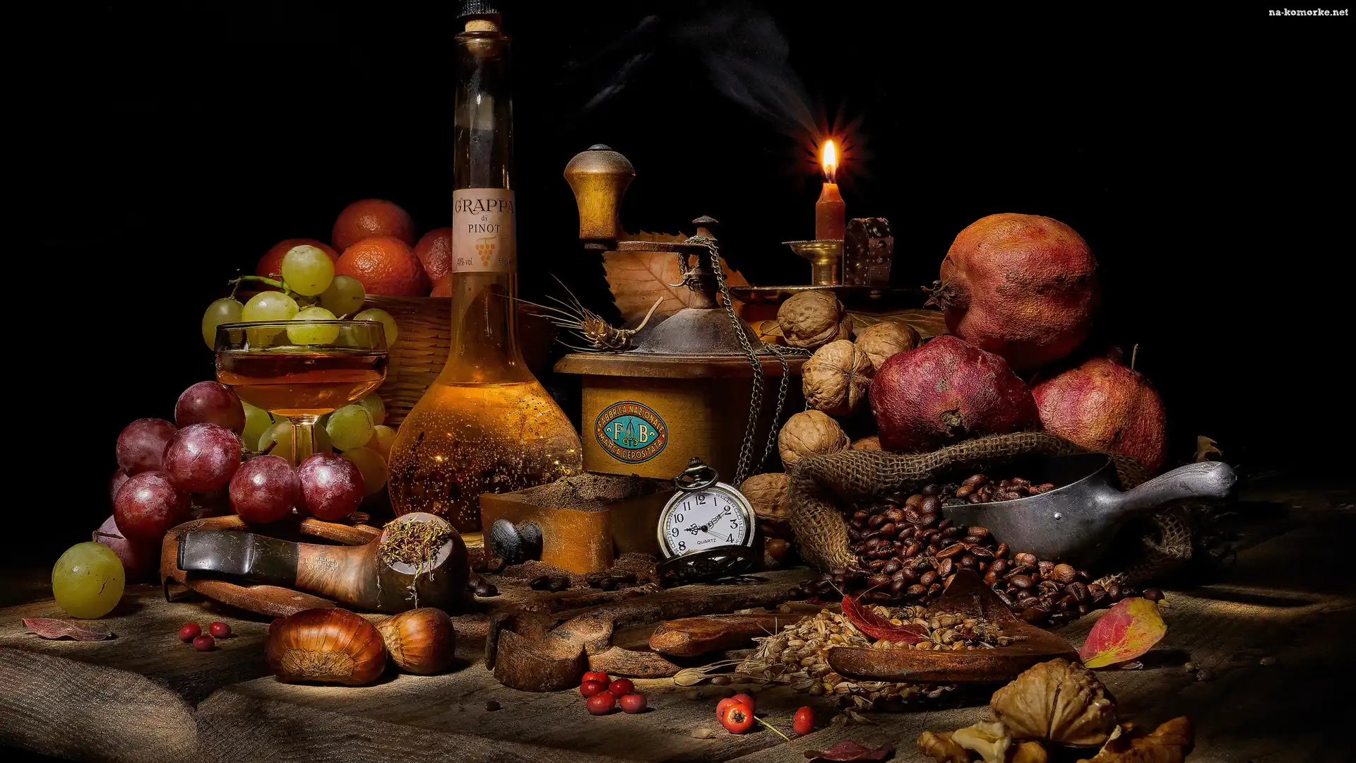 Kompozycja, Butelki, Orzechy, Owoce, Zegar, Kawa, Świeczka