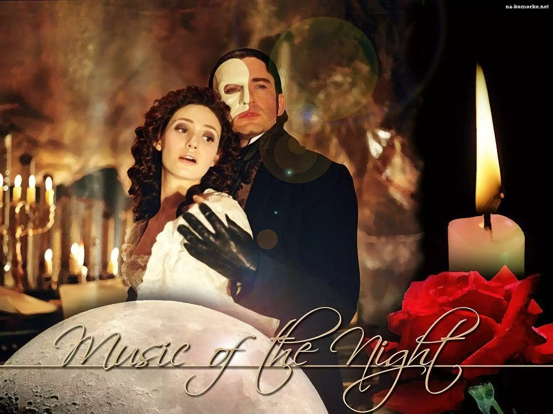 rękawiczki, Gerard Butler, Phantom Of The Opera, róża, Emmy Rossum, świece