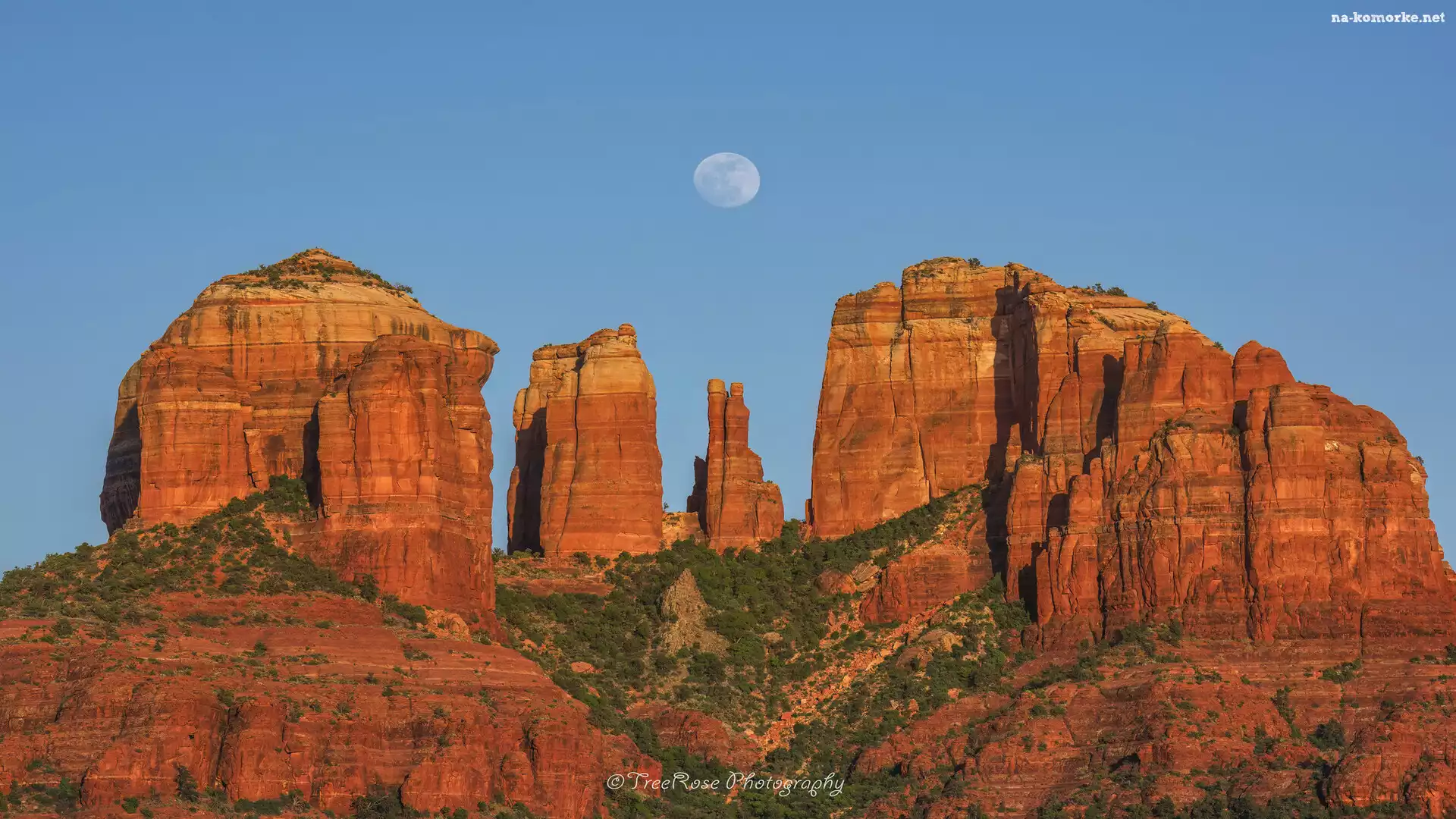 Sedona, Krzewy, Stany Zjednoczone, Skały, Czerwone, Wschód słońca, Księżyc, Cathedral Rocks, Arizona