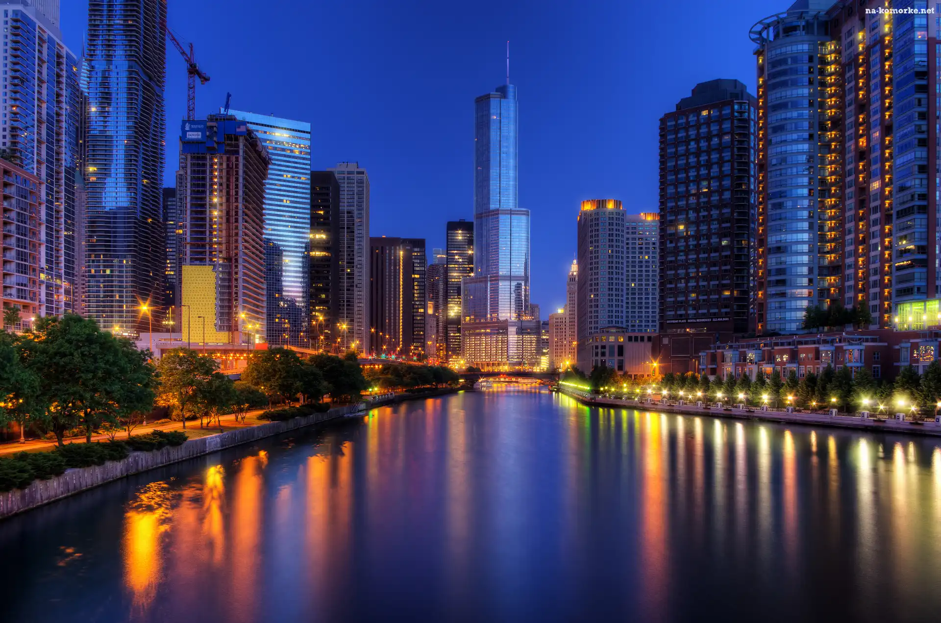 Chicago, Wieżowce, Noc, Rzeka