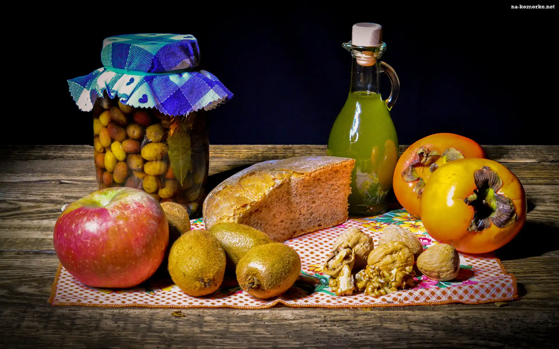 Kiwi, Kompozycja, Kaki, Orzechy, Butelka, Jabłko, Słoik, Persymony, Chleb