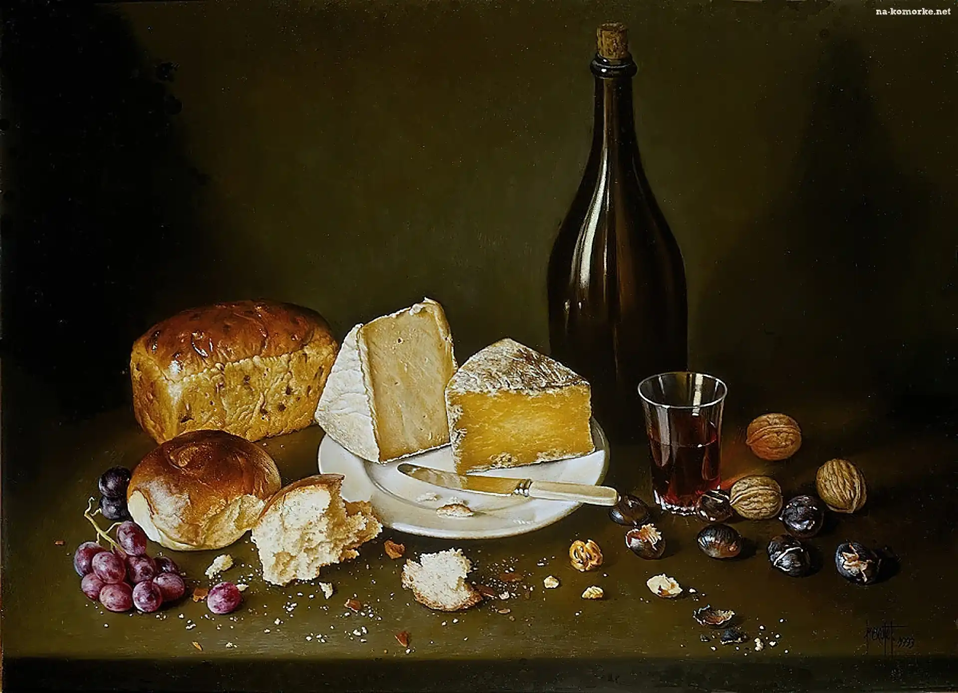 Chleb, Wino, Butelka, Stół, Ser, Winogrona