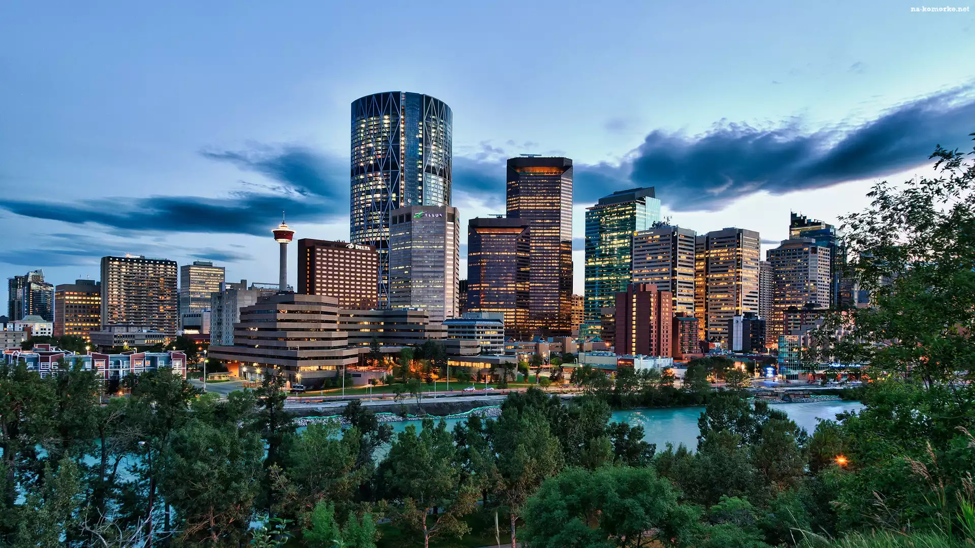 Calgary, Chmury, Drzewa, Panorama, Miasta, Rzeka, Bow
