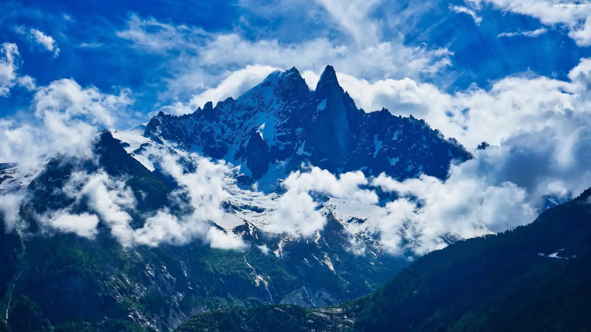 Masyw Mont Blanc, Szczyt, Góry, Francja, Dente del Gigante, Chmury
