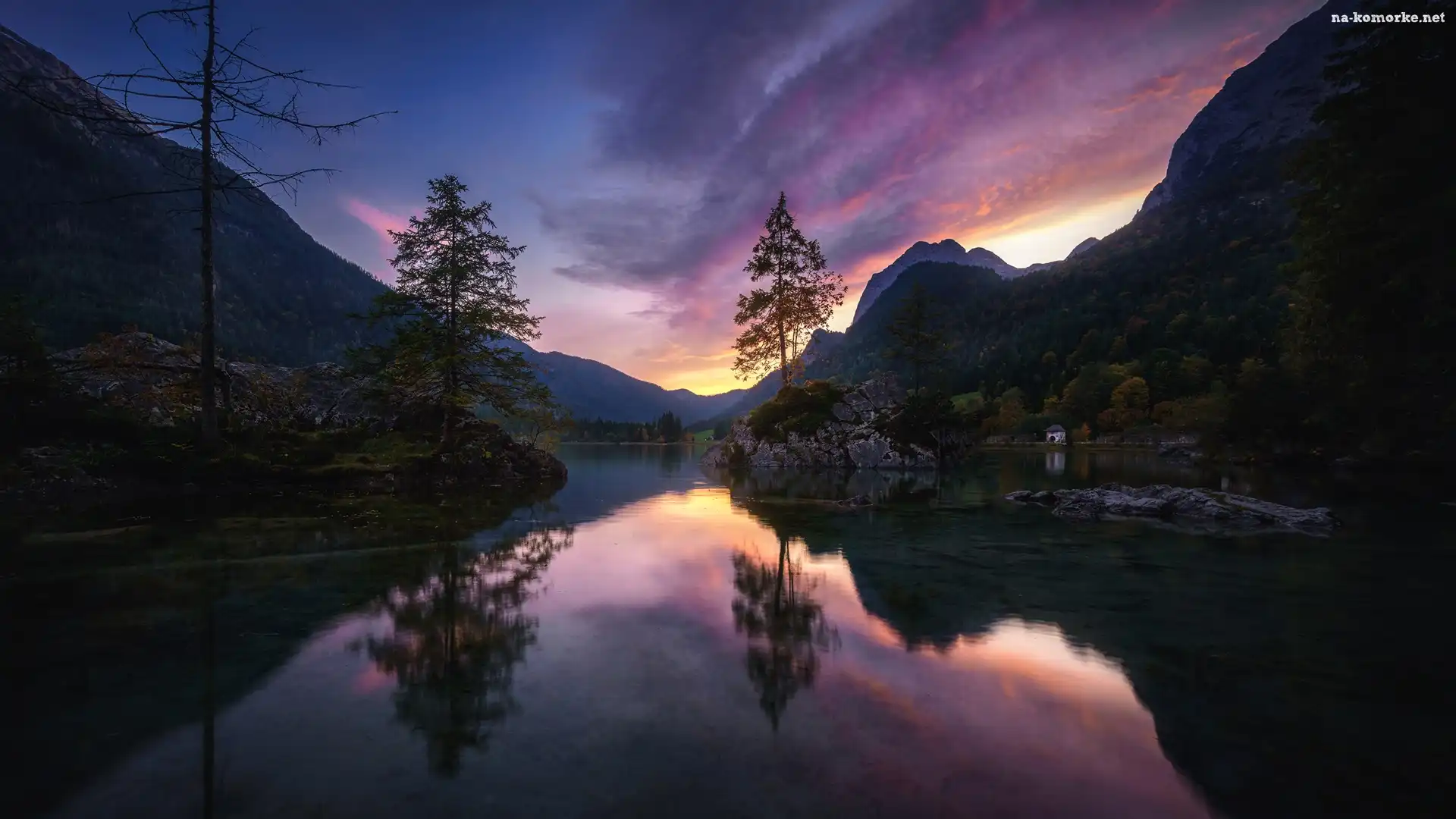 Skały, Góry, Chmury, Drzewa, Niemcy, Jezioro Hintersee, Bawaria, Domy, Gmina Berchtesgaden