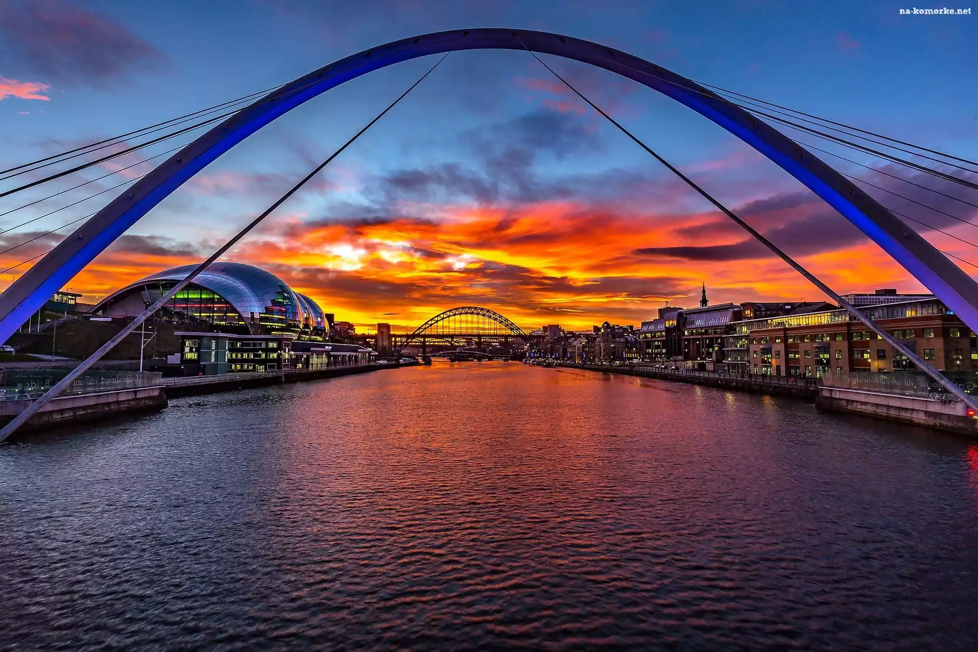 Anglia, Rzeka Tyne, Most Tyne Bridge, Zachód słońca, Chmury