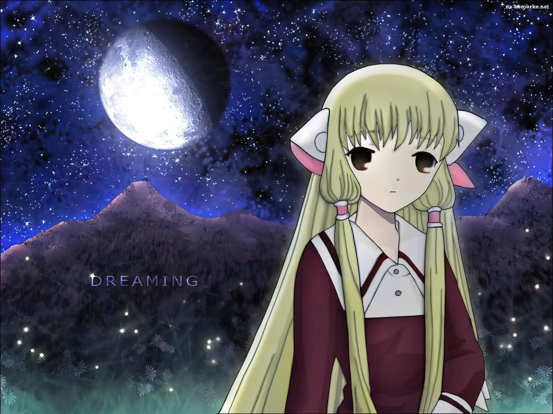 Chobits, góry, dziewczyna, księżyc
