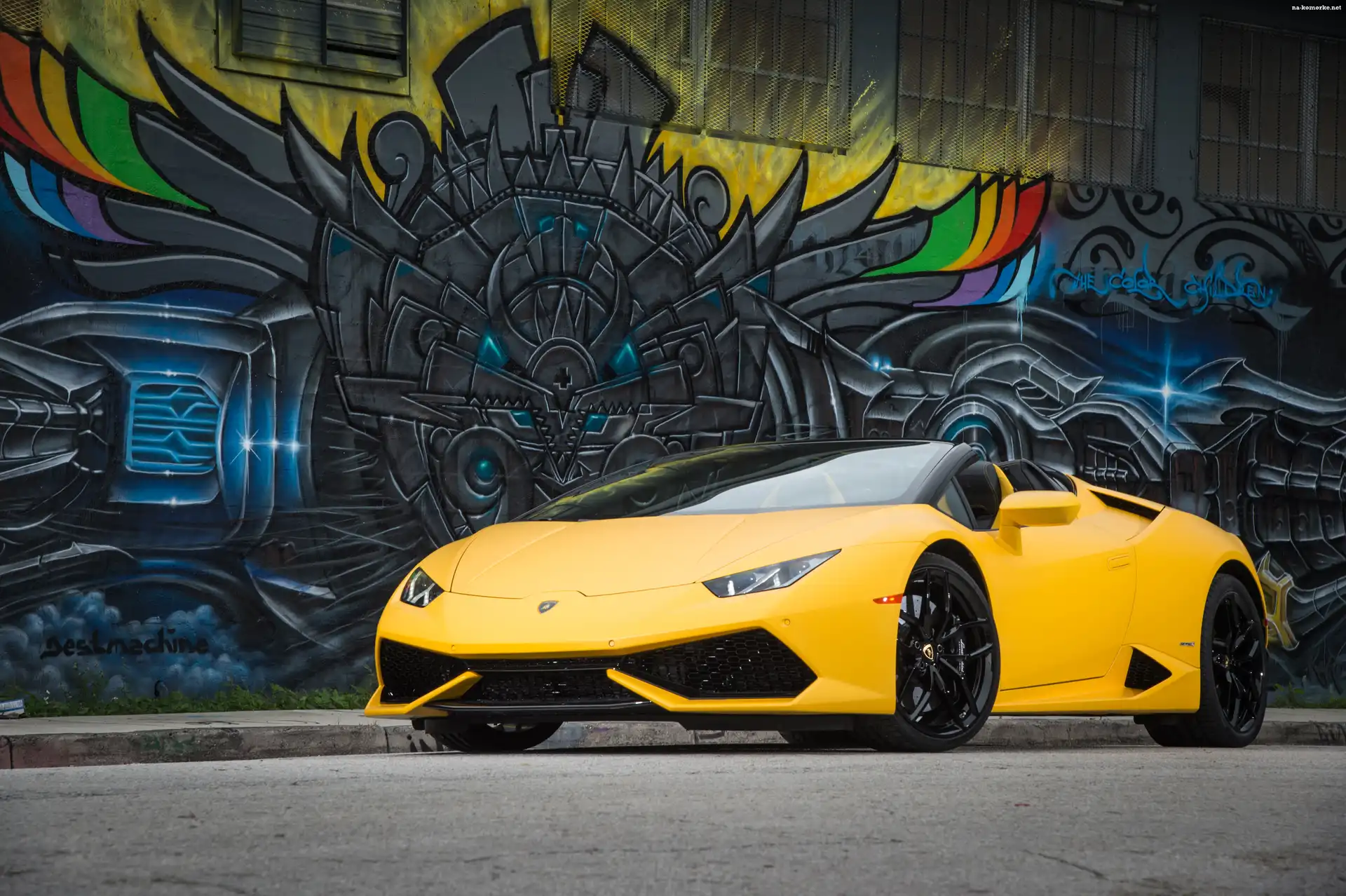 Żółte, Mural, Lamborghini Huracan LP 610-4 Spyder, Ściana