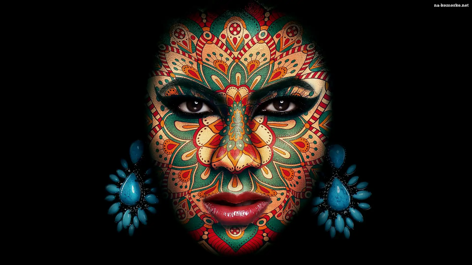 Ciemne tło., Kobieta, Bodypainting, Twarz, Kolczyki