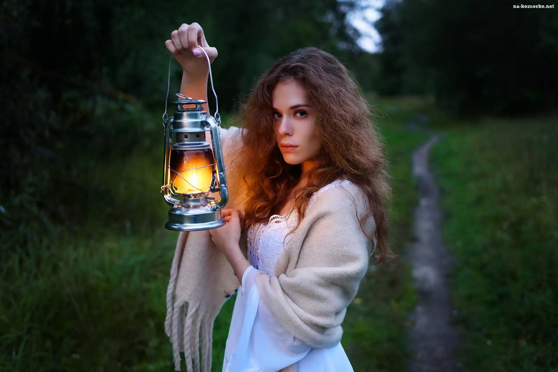 Ścieżka, Szal, Kobieta, Zmrok, Lampa, Las