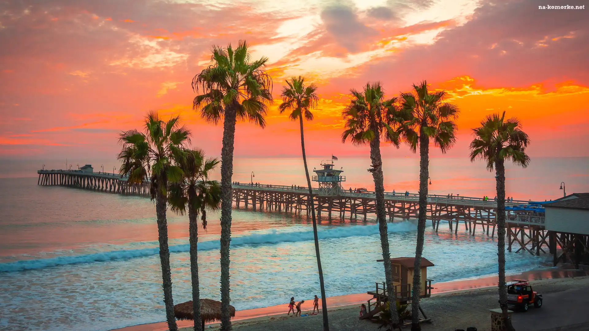 Morze, Kalifornia, Stany Zjednoczone, Molo, Palmy, Plaża, San Clemente