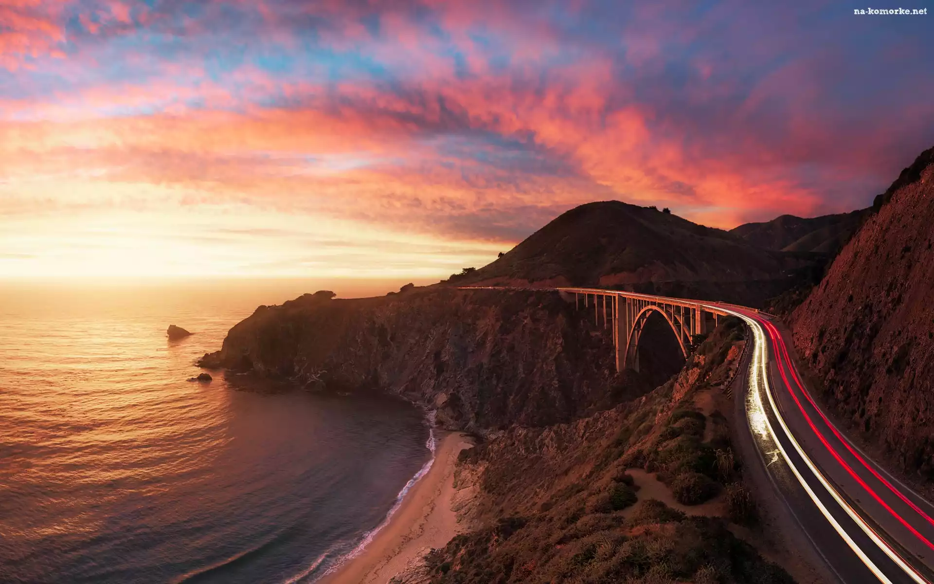 Kalifornia, Zachód słońca, Most, Droga, Bixby Creek Bridge, Morze, Region Big Sur, Góry, Wybrzeże, Stany Zjednoczone