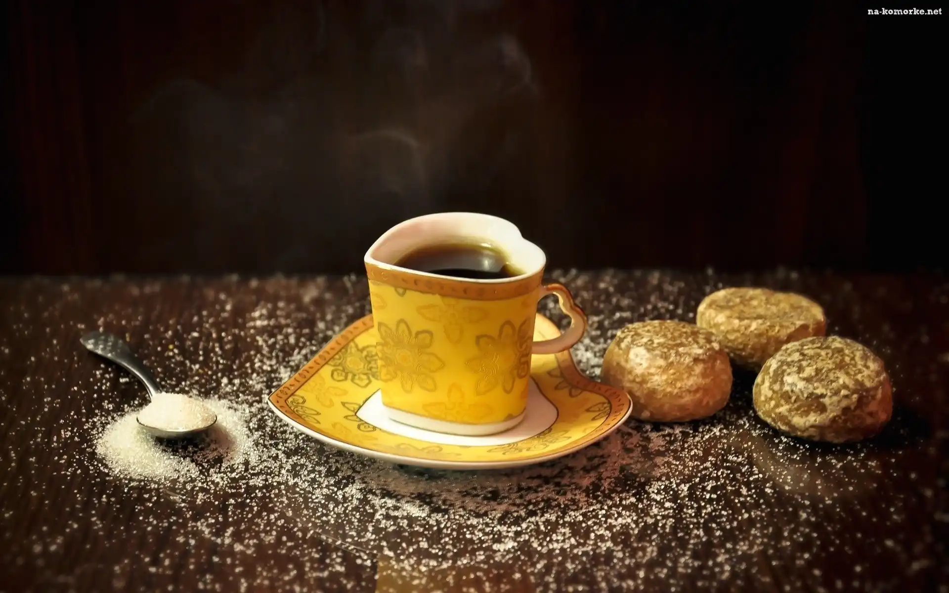 Pączki, Cukier, Łyżeczka, Kawa, Żółta, Filiżanka, Talerzyk