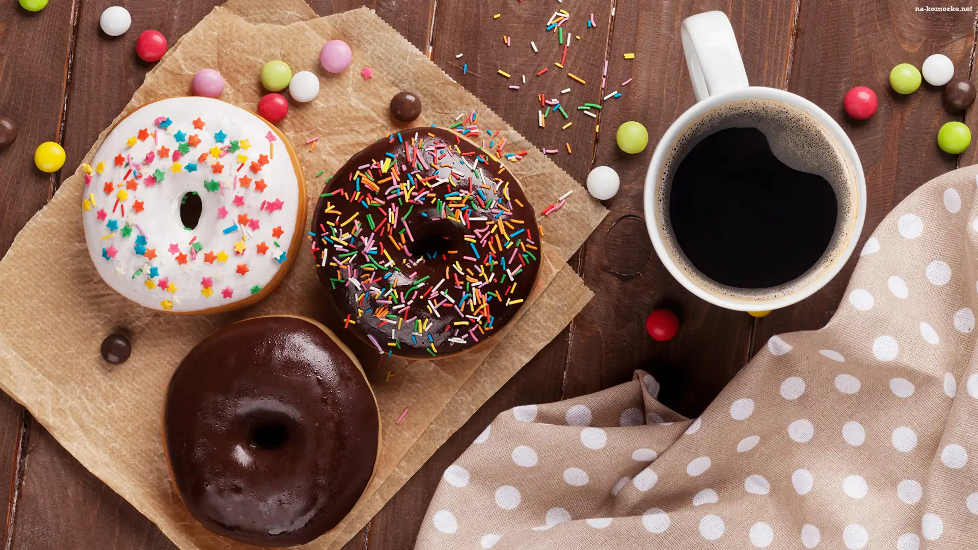 Pączki, Kubek, Kolorowe, Donuty, Deski, Kawa, Ścierka, Papier, Cukierki