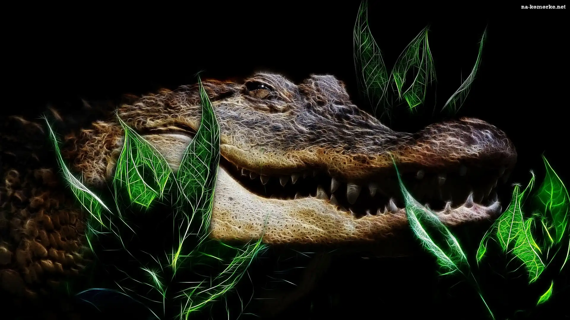 Czarne, Paszcza, Krokodyl, Fractalius, Liście, Tło