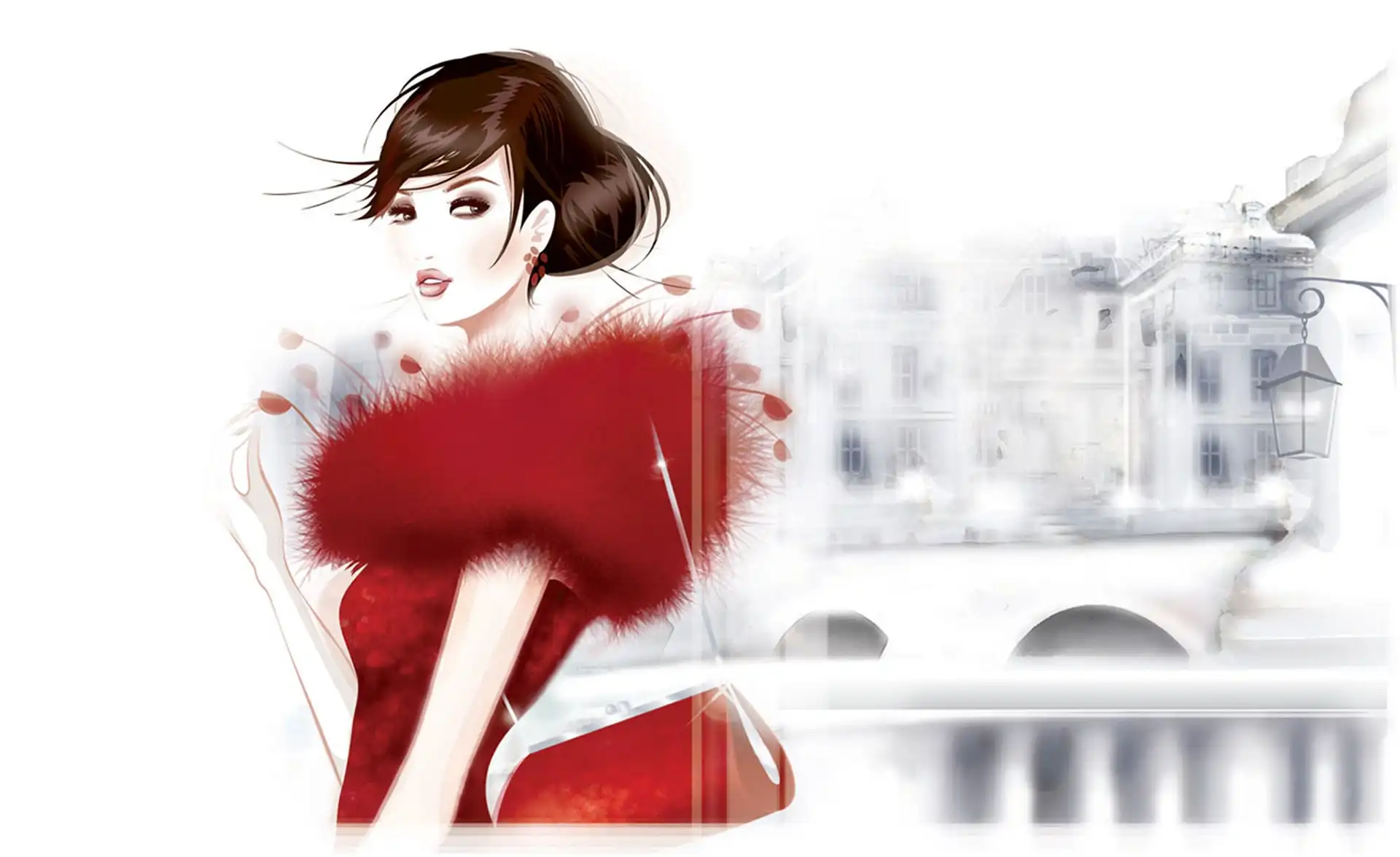 Czerwona, 2D, Grafika, Torebka, Brunetka, Sukienka