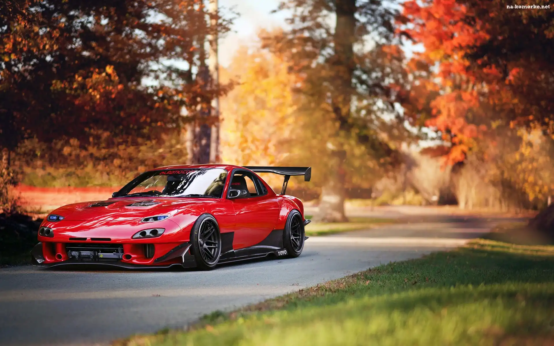 Jesień, Czerwona, Mazda RX-7, Droga, Drzewa