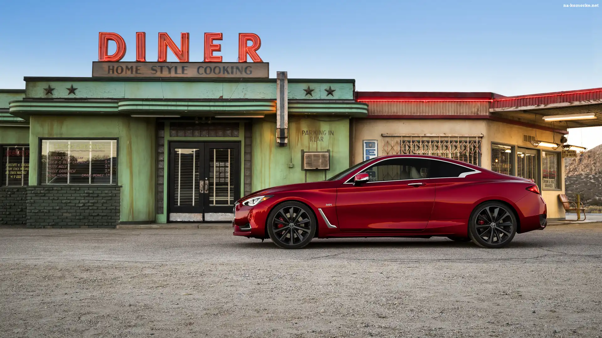 Bar, Czerwony, Infiniti Q60, 2016, Przydrożny