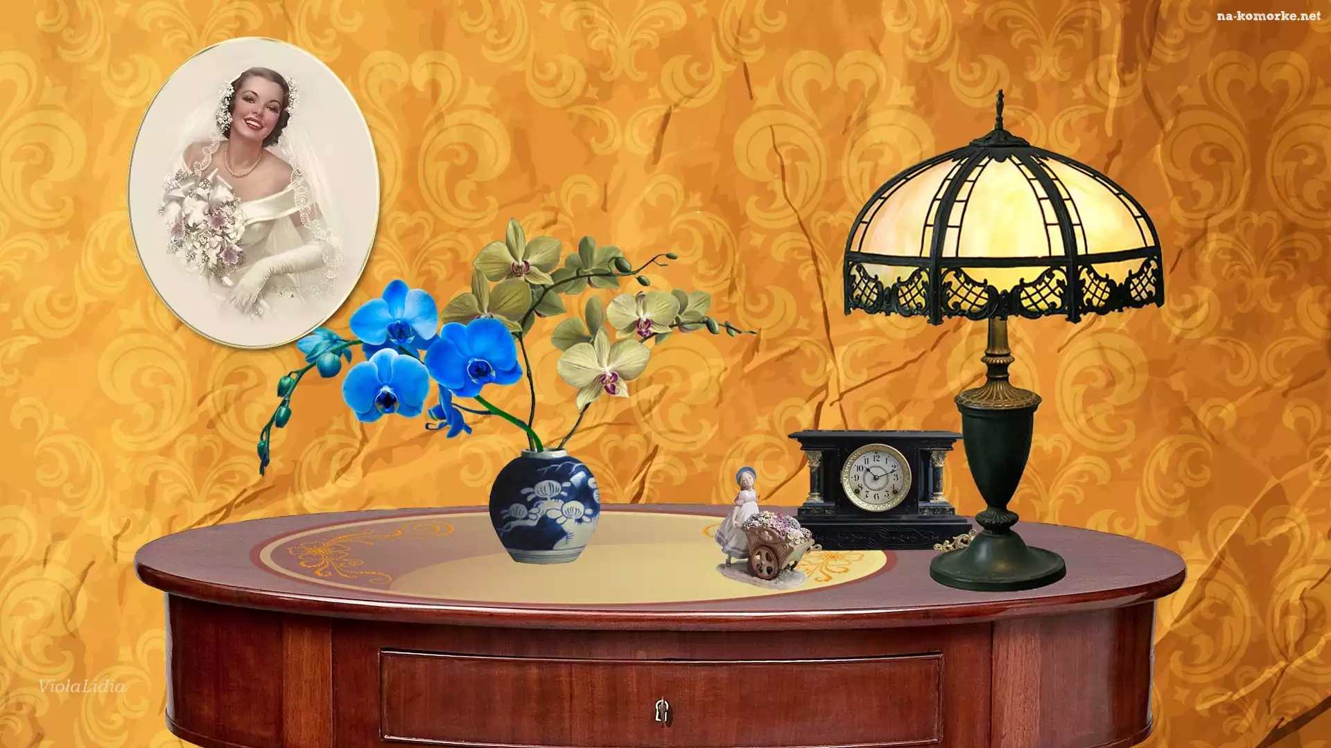 Dekoracje, Portret, Grafika, Storczyki, Stół, Lampa