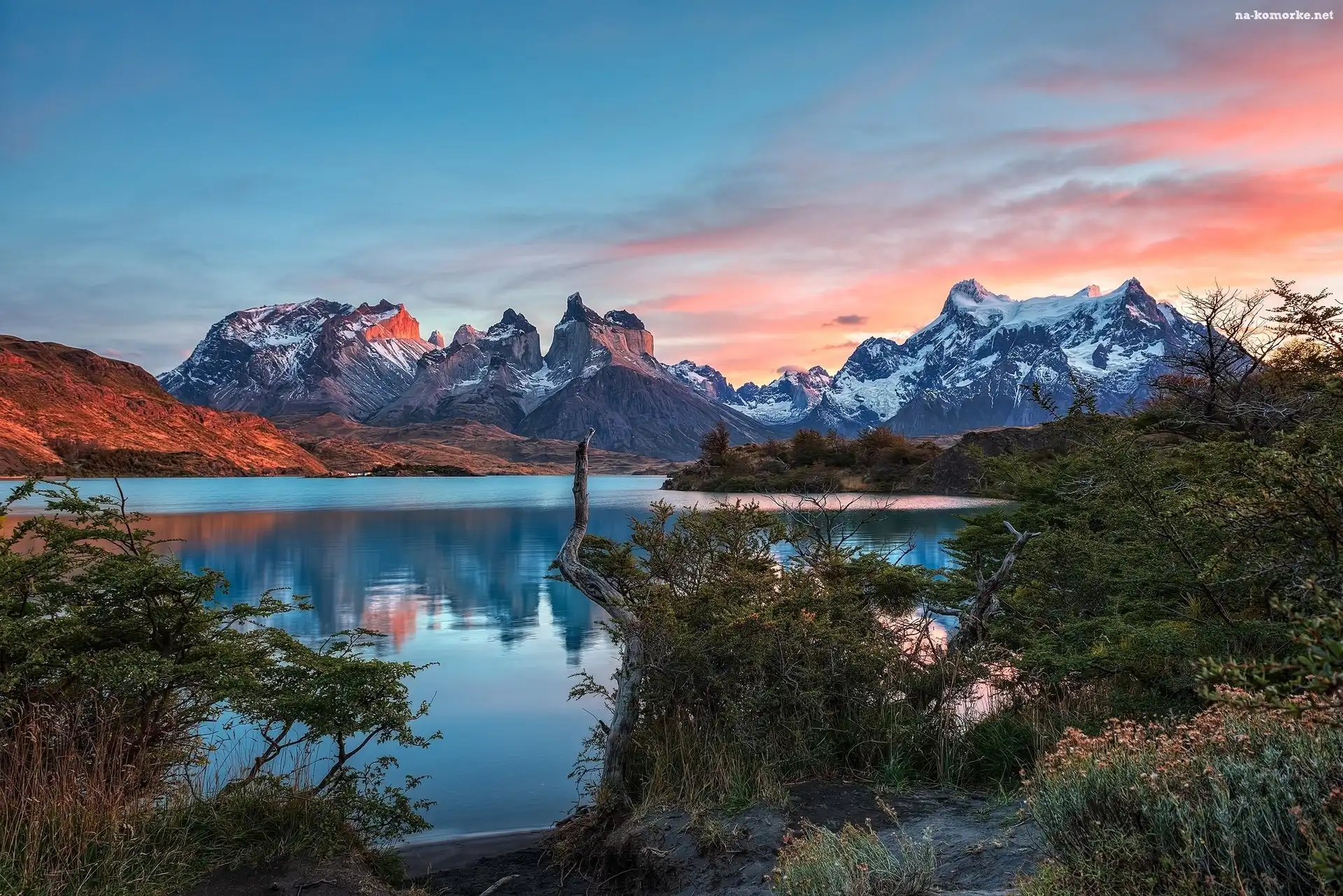 Chile, Zachód słońca, Góry Torres del Paine, Krzewy, Patagonia, Ośnieżone, Szczyty, Jezioro